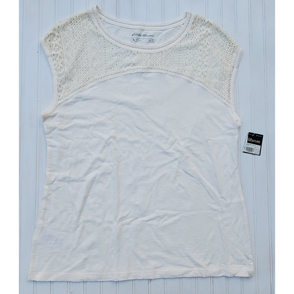 Eddie Bauer Women's Off White Lace Sleeveless Tank Tee Size Large Cotton Blend